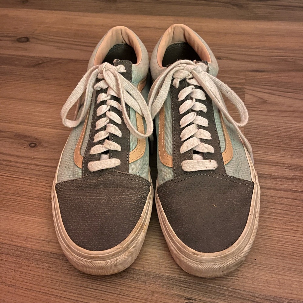 Women’s 9.5 Laced Vans Sneakers Teal and Grey
